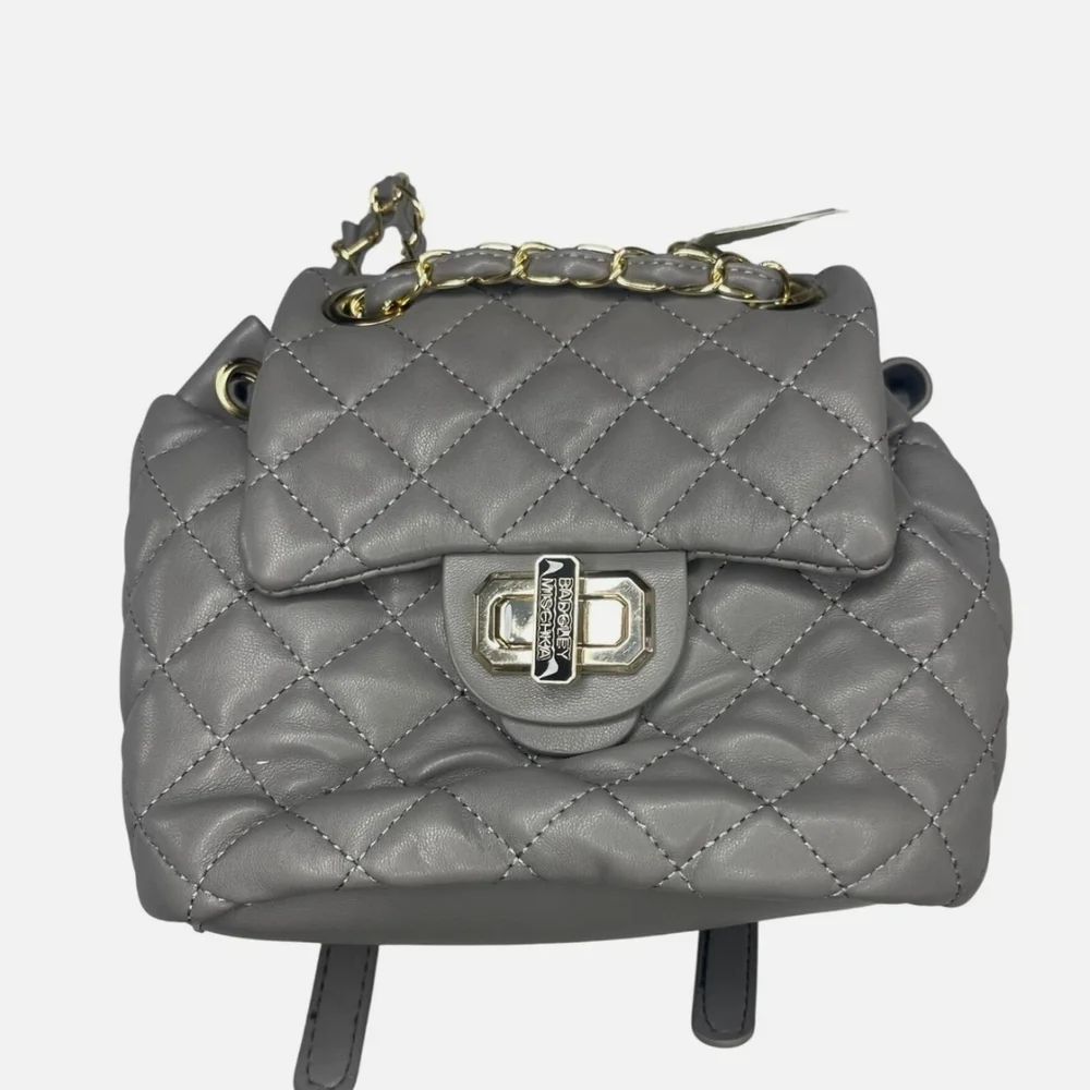 Badgely Mischka quilted mini backpack, gray with gold tone hardware NWT
